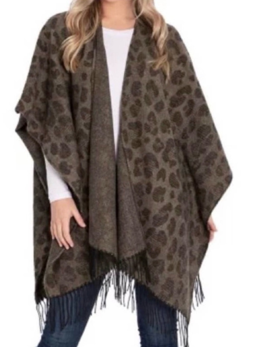 Woolrich Leopard Print Poncho Fringe One Size